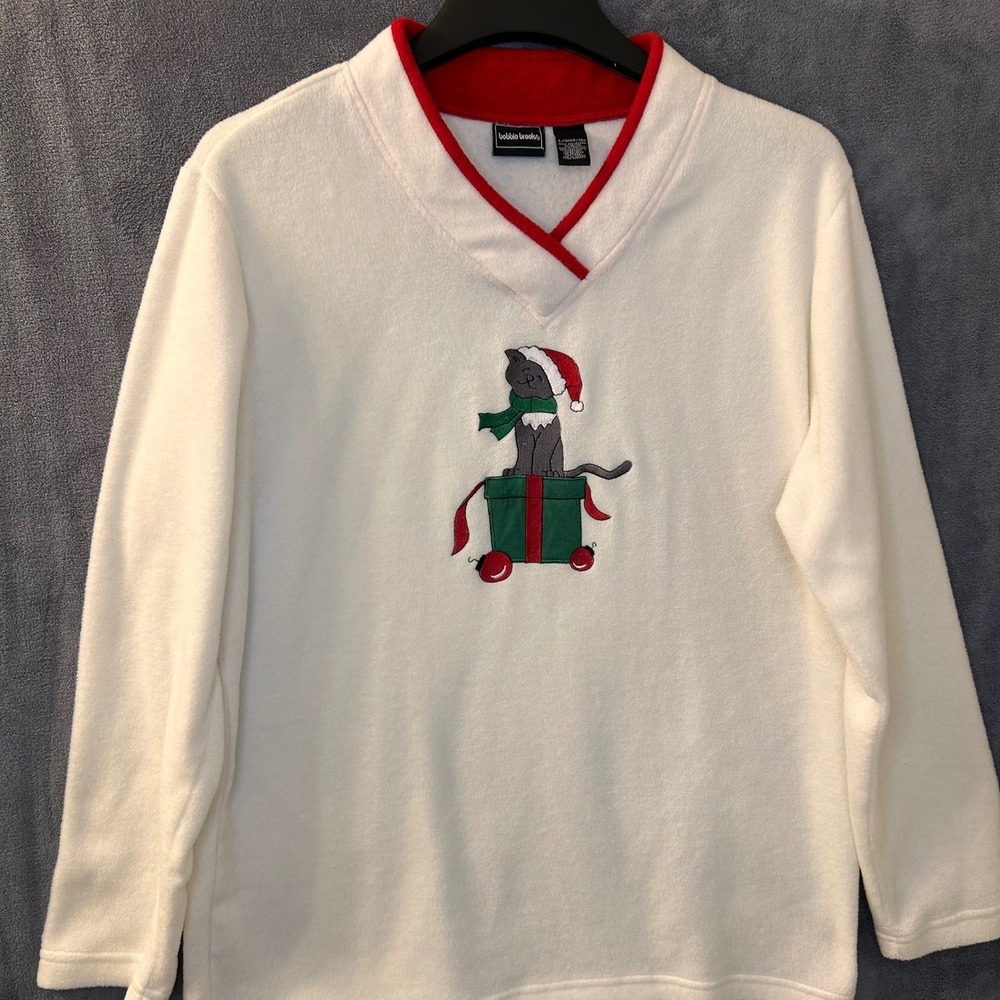 Bobbie Brooks Christmas Cat Sweatshirt Holiday Present Top Womens L